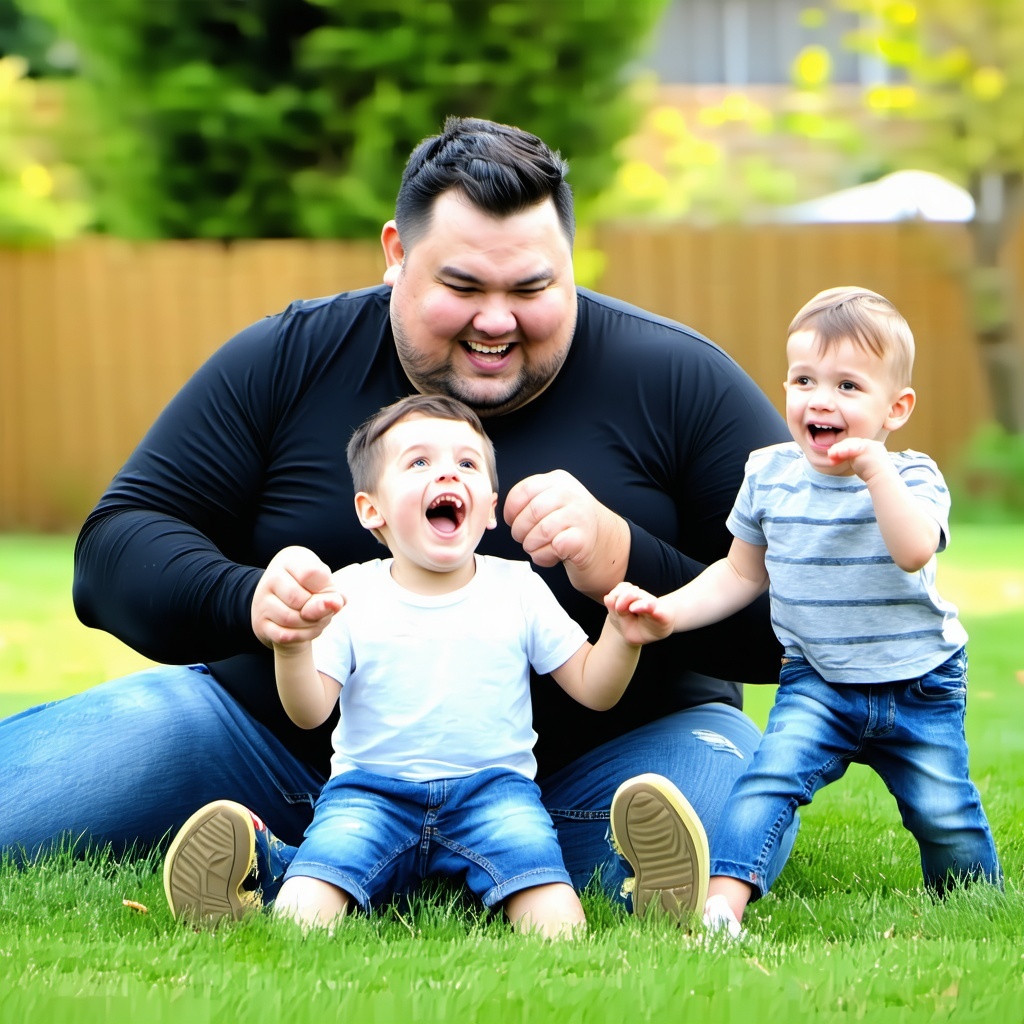 man that is a little overweight playing with his children who are having fun-1